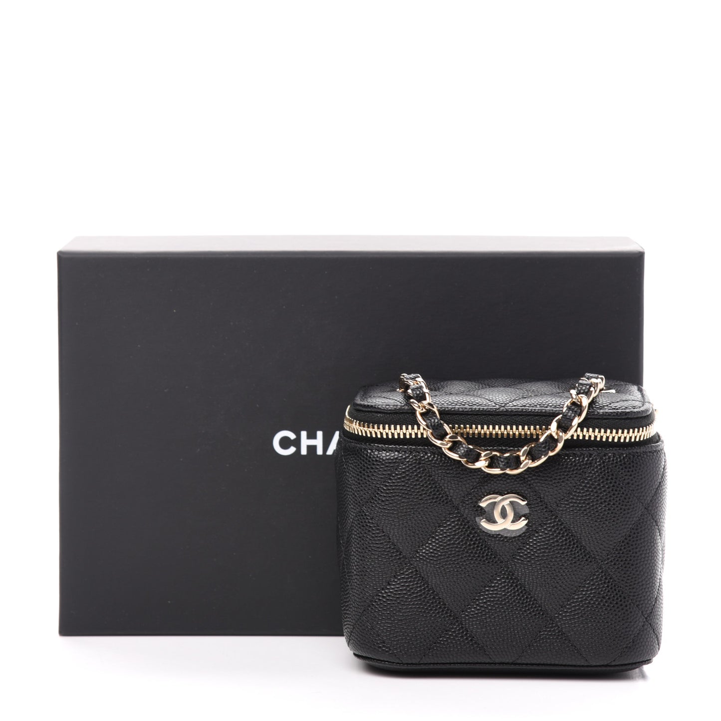 Caviar Quilted Mini Vanity Case With Chain Black