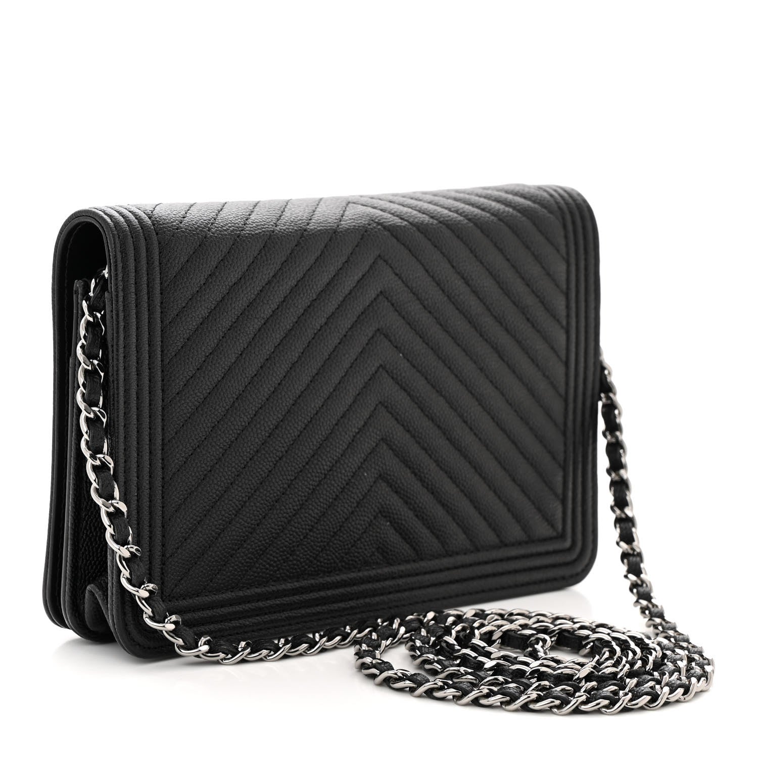 Chanel Caviar Chevron Quilted Boy Wallet On Chain WOC Black 2 of 12