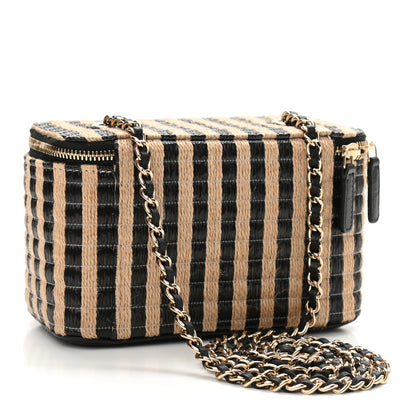 Chanel Raffia Jute Striped Small Vanity Case With Chain Black Beige 3 of 11