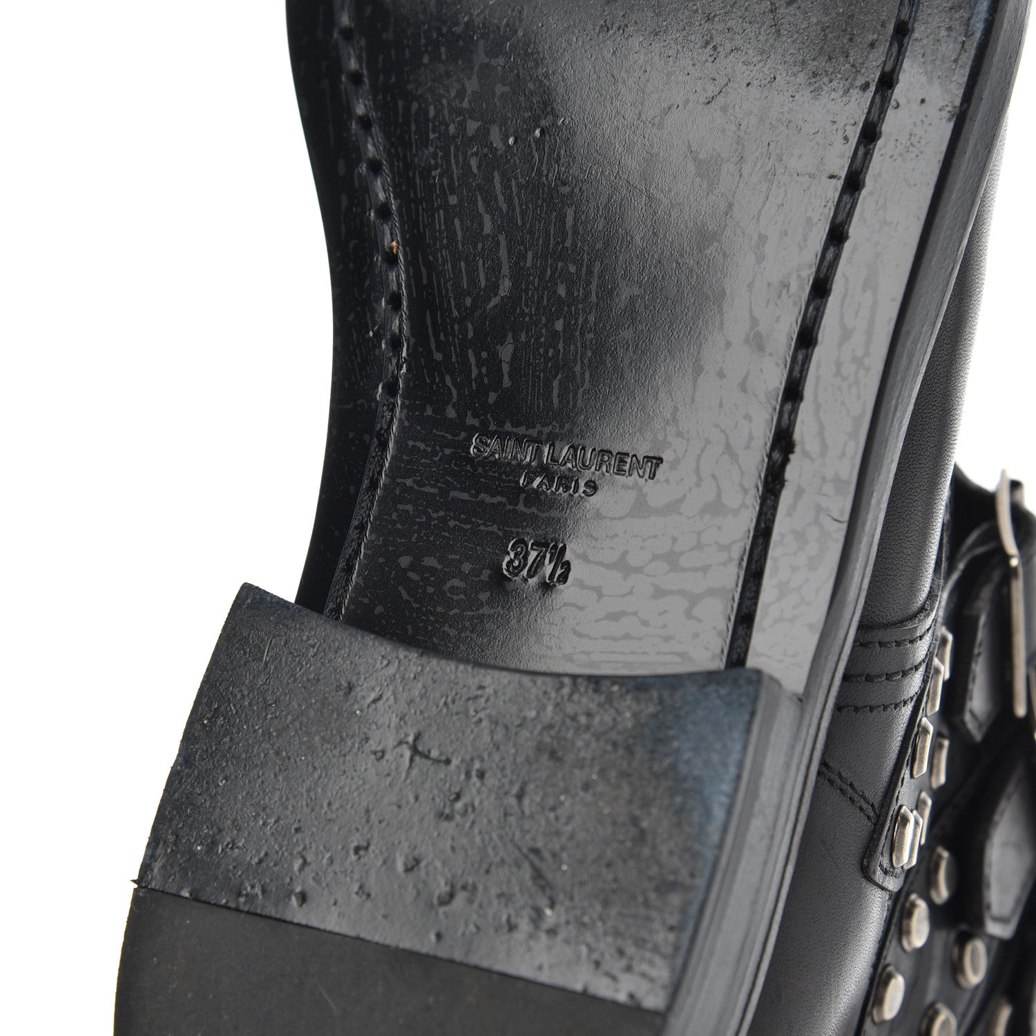 Saint Laurent Smooth Calfskin Studded Strap Rangers Boots 37.5 Black 7 of 16