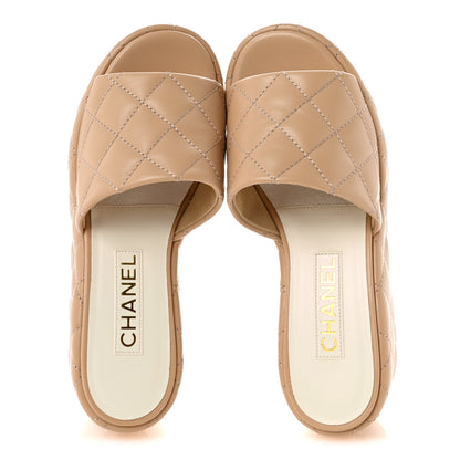 Chanel Lambskin Quilted Camelia CC Wedge Sandal Mules 39 Beige 2 of 10