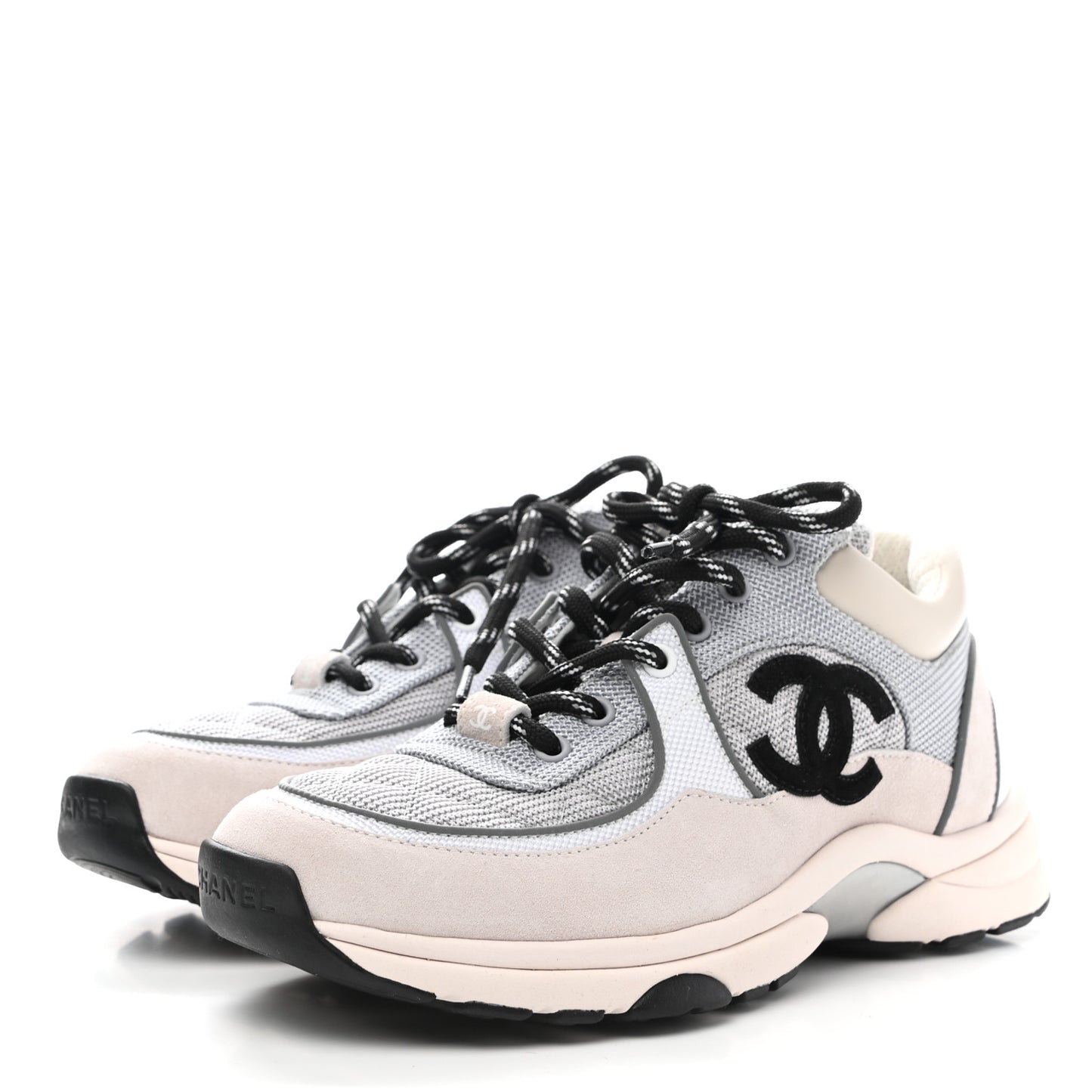 Mesh Suede Calfskin Grained Calfskin Womens CC Sneakers 38 Grey White
