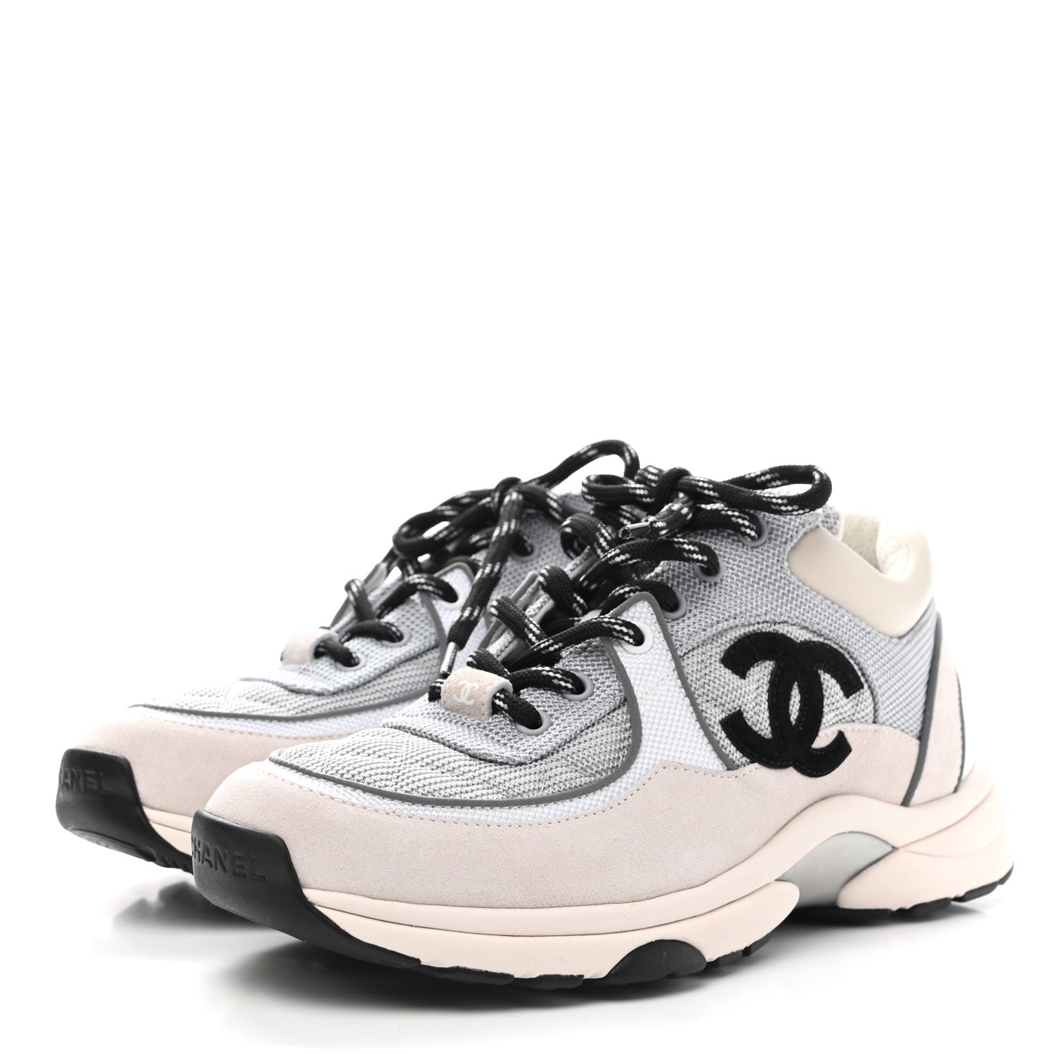 Chanel Mesh Suede Calfskin Grained Calfskin Womens CC Sneakers 38 Grey White 3 of 9