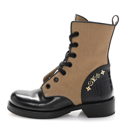 Louis Vuitton Canvas Calfskin Crocodile Embossed Metropolis Flat Ranger Boots 37 Kaki 1 of 10