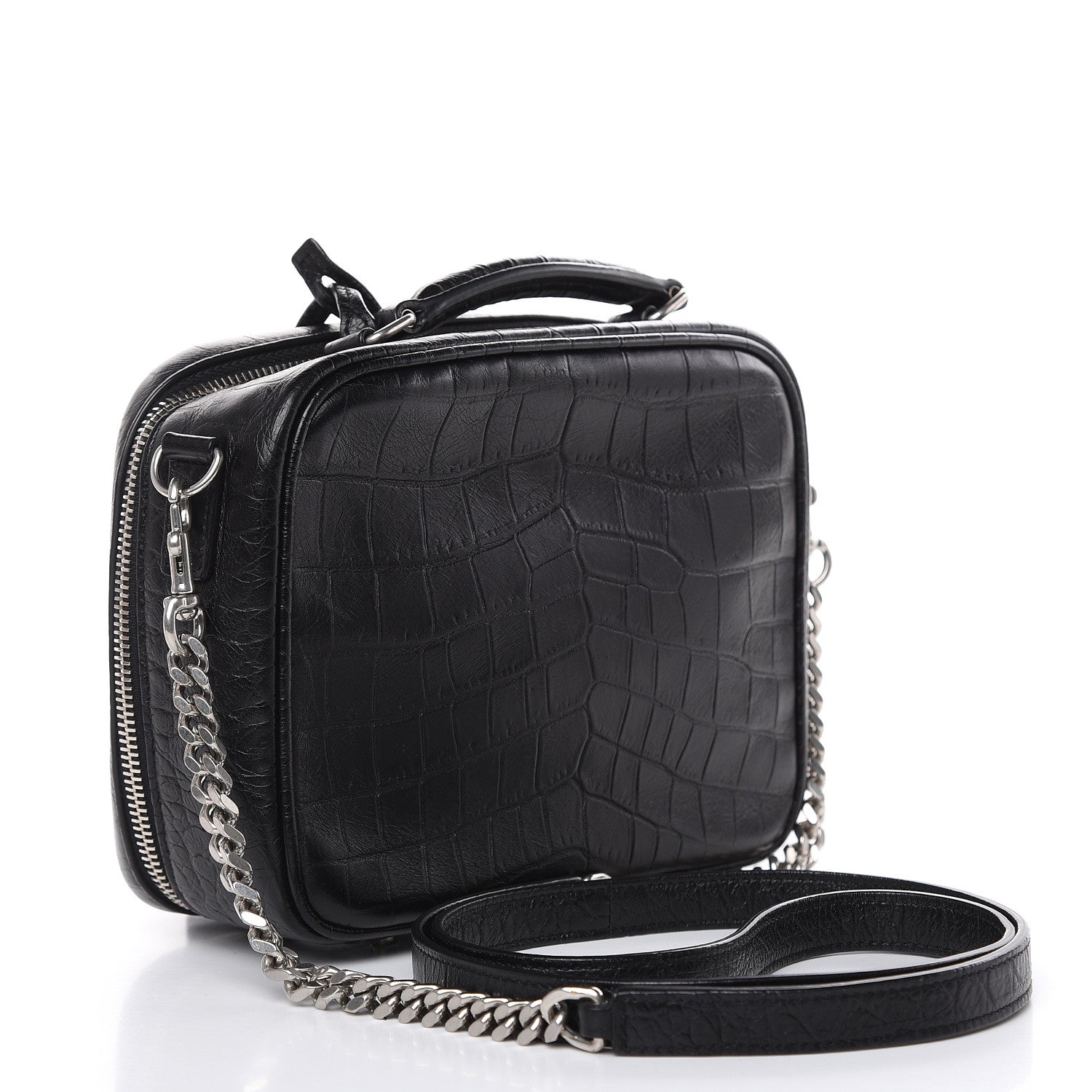 Saint Laurent Calfskin Crocodile Embossed Monogram Lunch Box Bag Black 3 of 10
