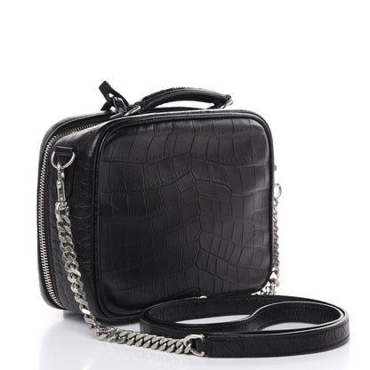 Saint Laurent Calfskin Crocodile Embossed Monogram Lunch Box Bag Black 3 of 10