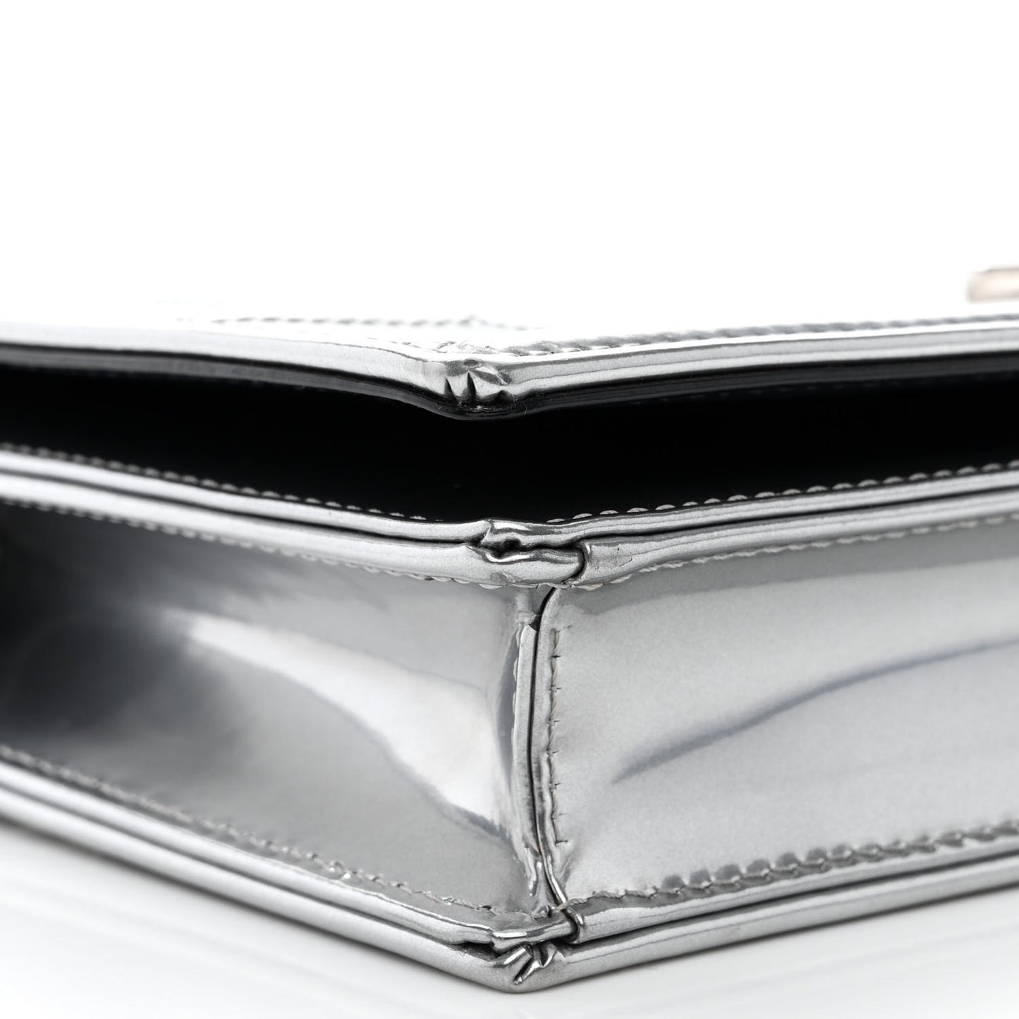 Metallic Patent Micro-Cannage Diorama Wallet on Chain Pouch Silver
