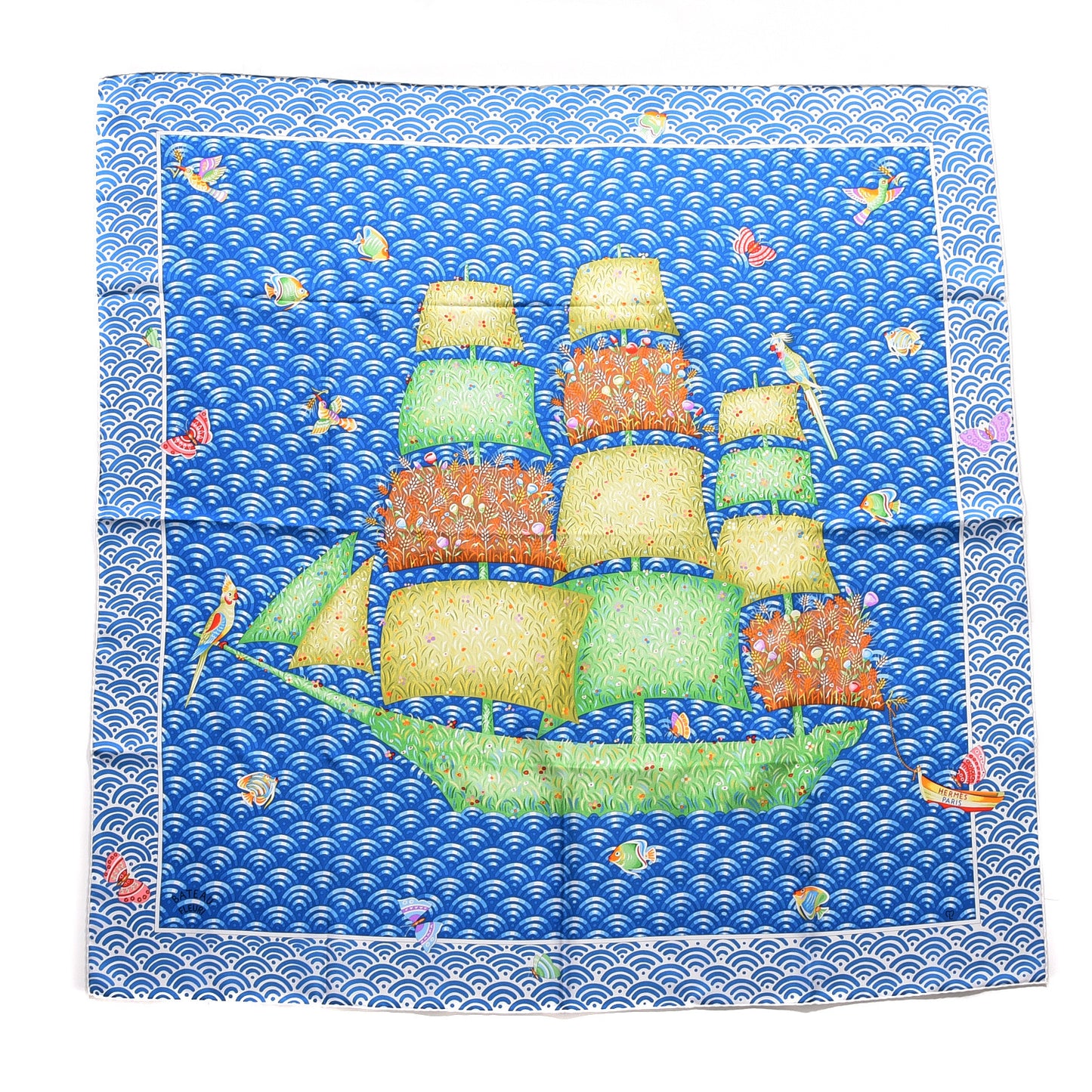 Silk Bateau Fleuri Scarf 90 Bleu Vert Jaune