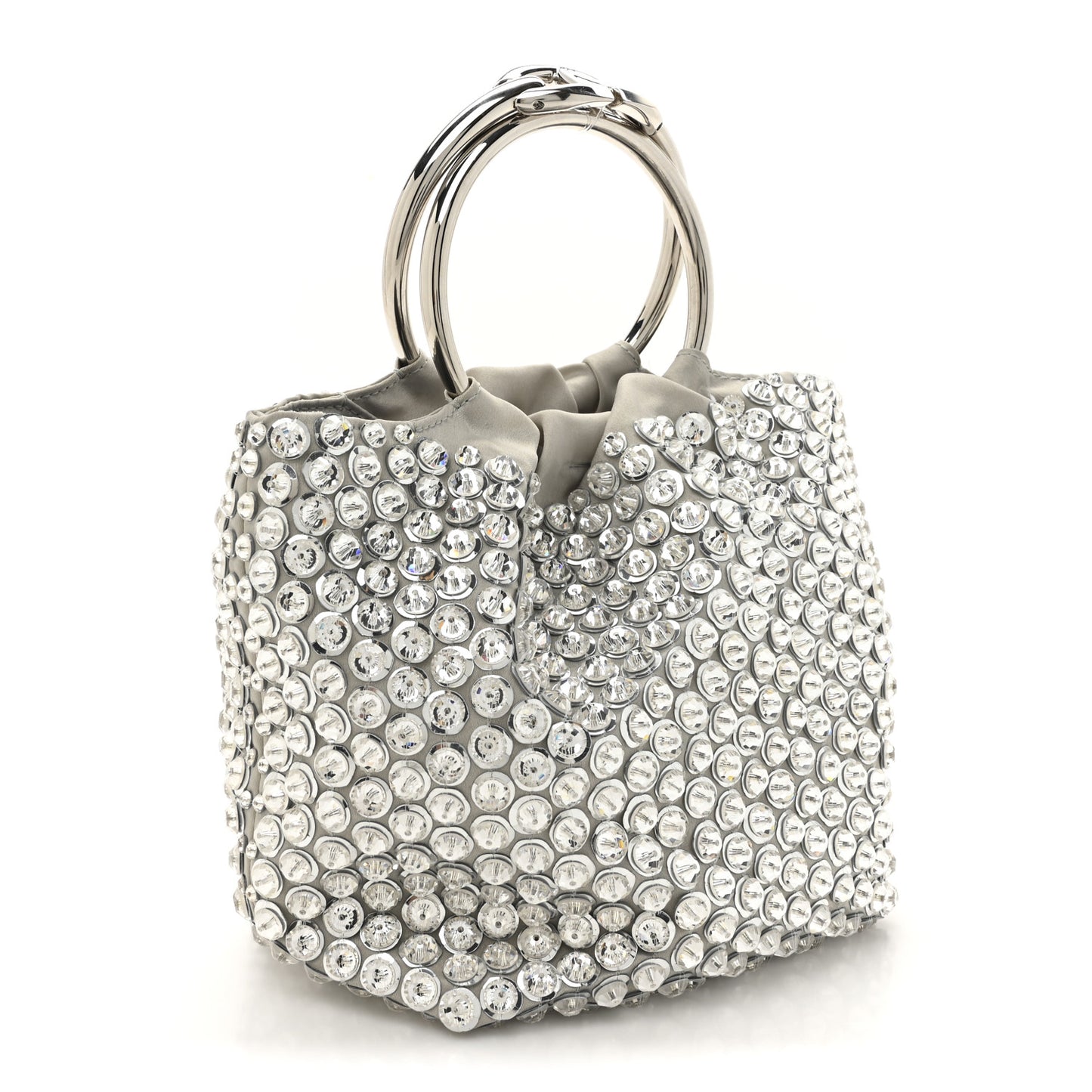 Satin Rhinestone Embellished Small Carry Secrets Bucket Bag Silver