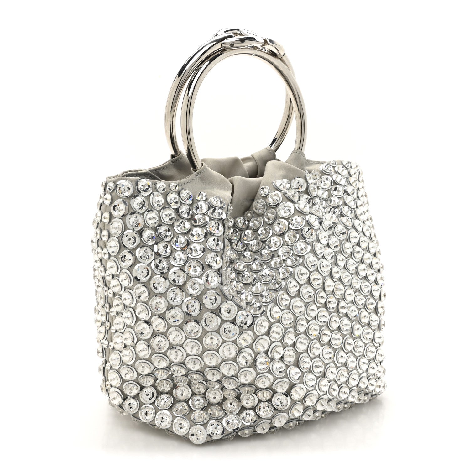 Valentino Garavani Satin Rhinestone Embellished Small Carry Secrets Bucket Bag Silver 3 of 10