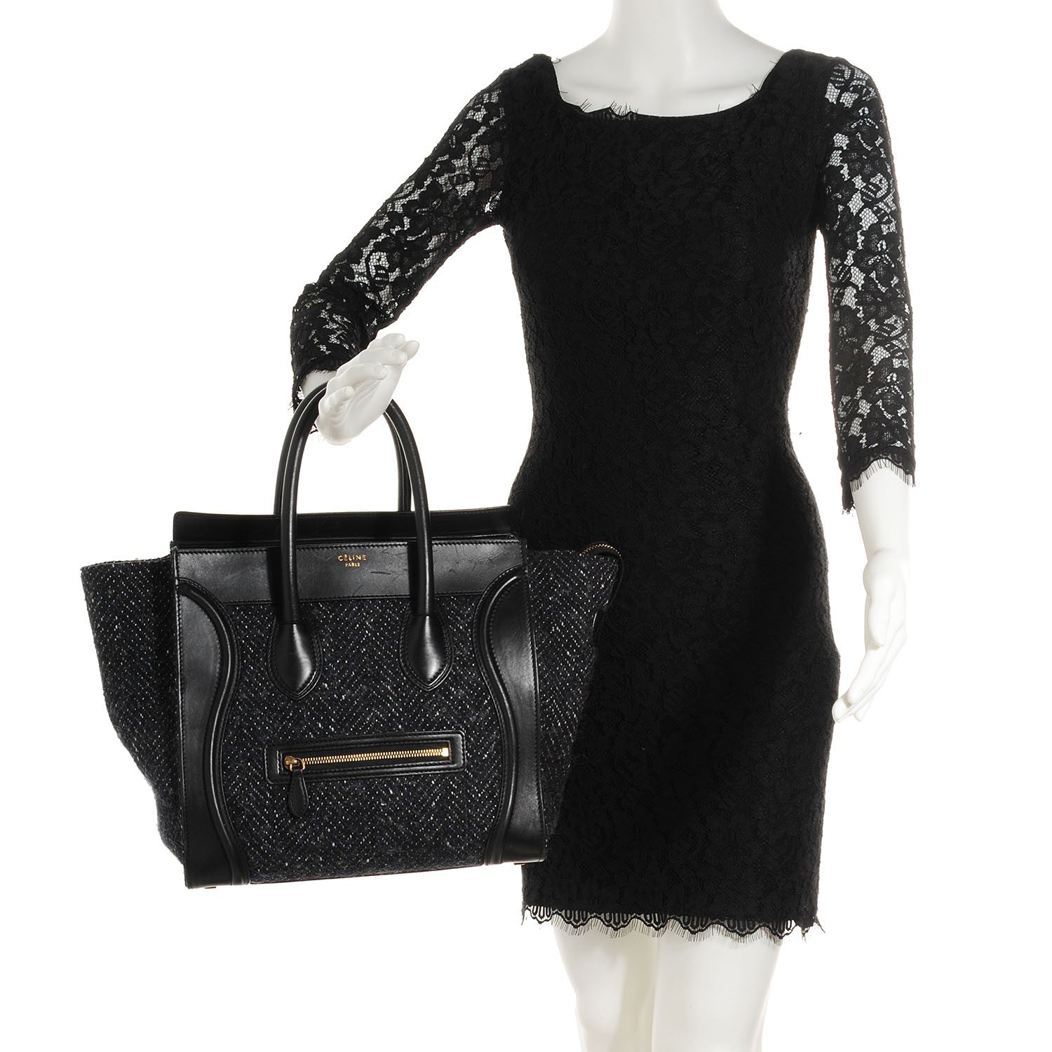 Celine Smooth Calfskin Tweed Mini Luggage Black 2 of 7