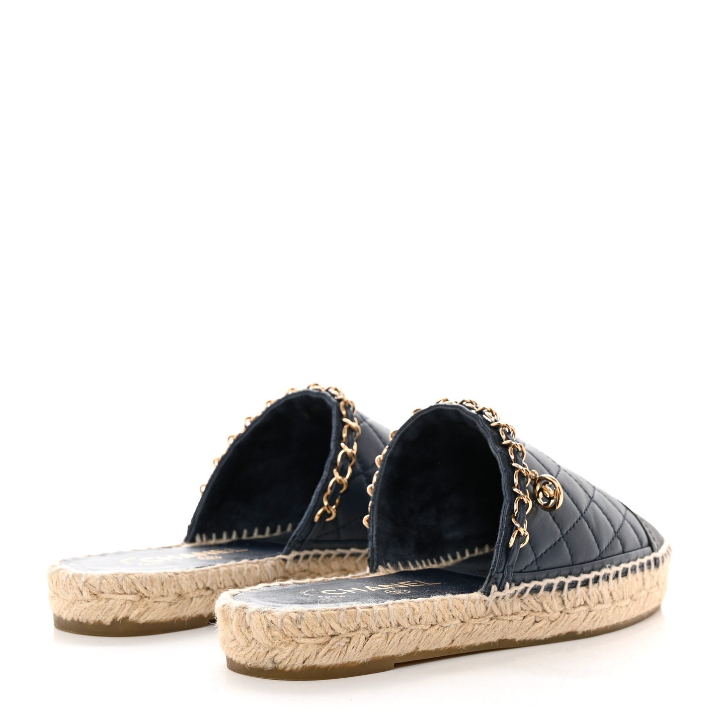 Lambskin Grosgrain Quilted CC Chain Espadrille Mules 37 Navy Black