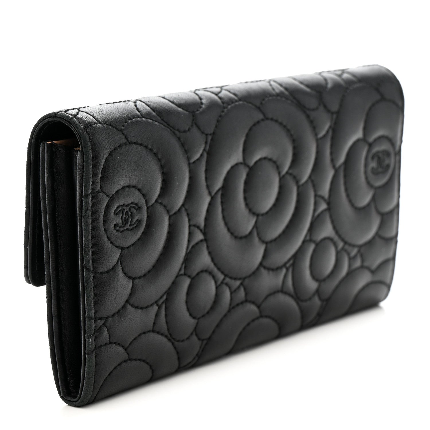 Chanel Lambskin Embossed Camellia Flap Wallet Black 3 of 9