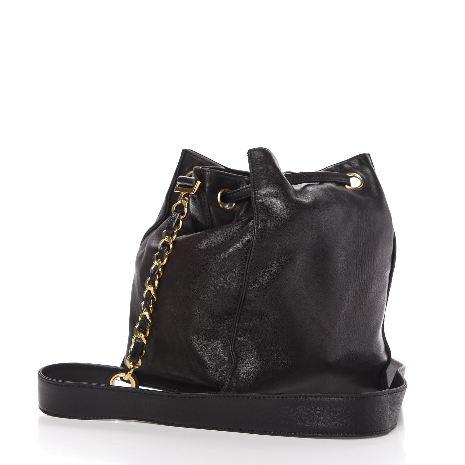 Chanel Lambskin CC Stitched Drawstring Bucket Bag Black 3 of 9