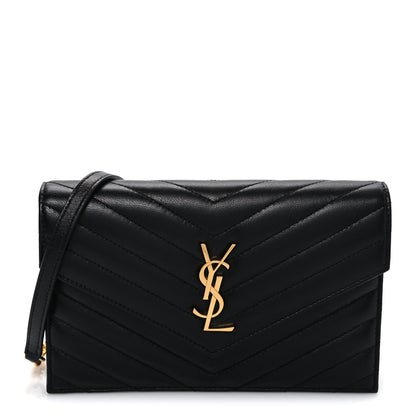 Saint Laurent Lambskin Matelasse Chevron Monogram Envelope Chain Wallet Black 1 of 11