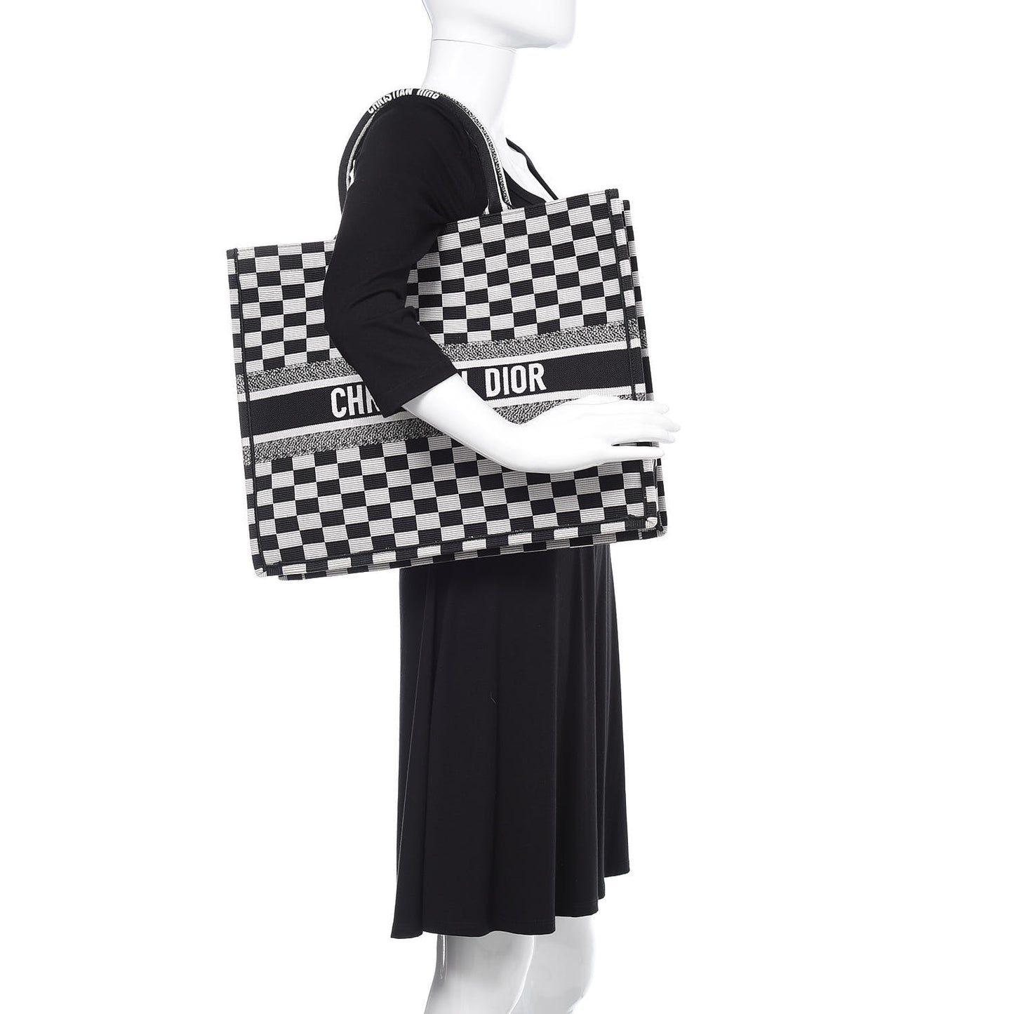 Canvas Embroidered Checkered Book Tote Black White