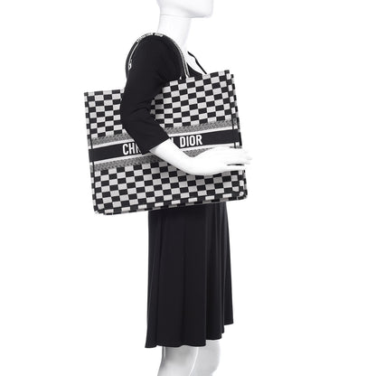 Christian Dior Canvas Embroidered Checkered Book Tote Black White 2 of 13