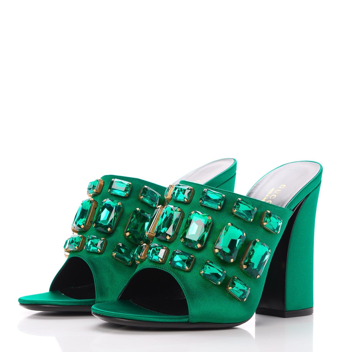 Gucci Silk Satin Crystal Embellished High Heel Slide Sandals 39.5 Emerald 3 of 9