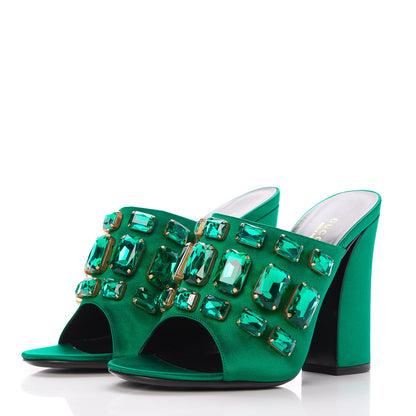 Gucci Silk Satin Crystal Embellished High Heel Slide Sandals 39.5 Emerald 3 of 9