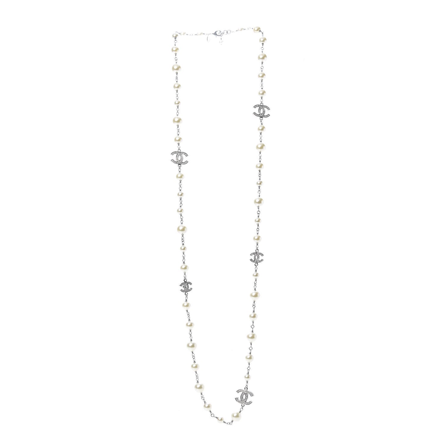 Graduated Pearl Crystal CC Long Necklace Silver