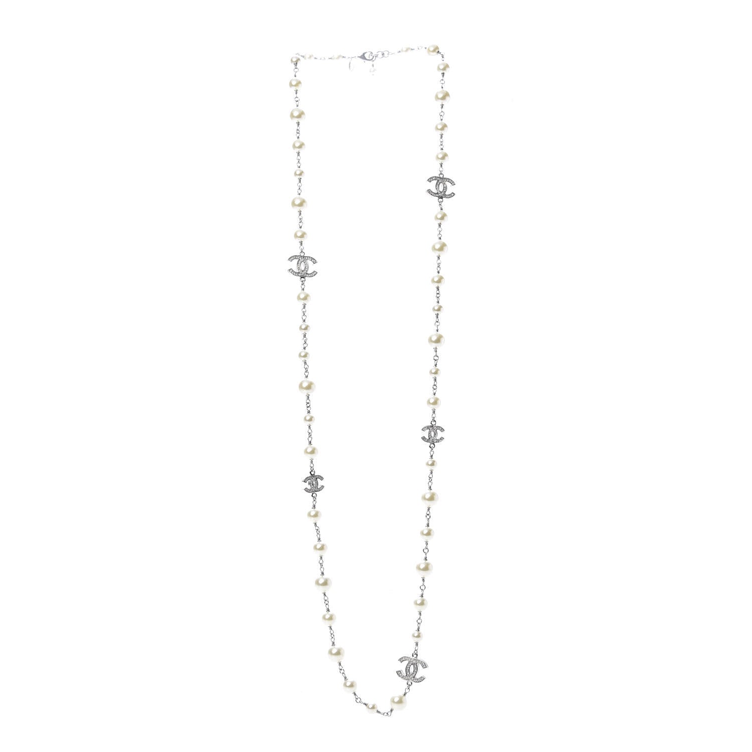 Chanel Graduated Pearl Crystal CC Long Necklace Silver 3 of 4