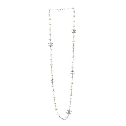 Chanel Graduated Pearl Crystal CC Long Necklace Silver 3 of 4