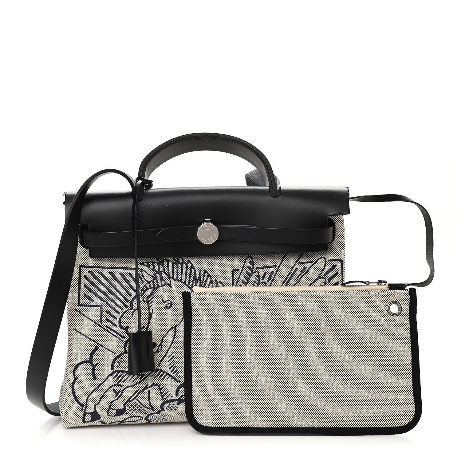 Hermes Vache Hunter Toile H Pegase Pop Herbag Zip Retourne 31 PM Bleu Indigo Ecru Black 1 of 12