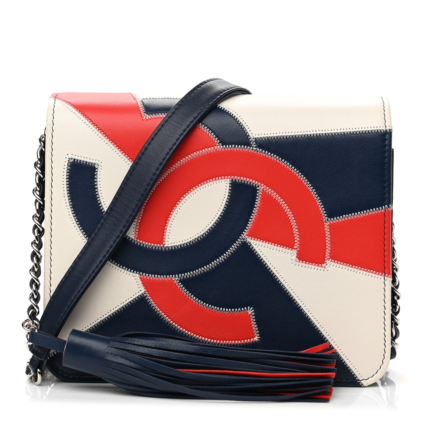 Lambskin Patchwork CC Tassel Crossbody Bag White Blue Red