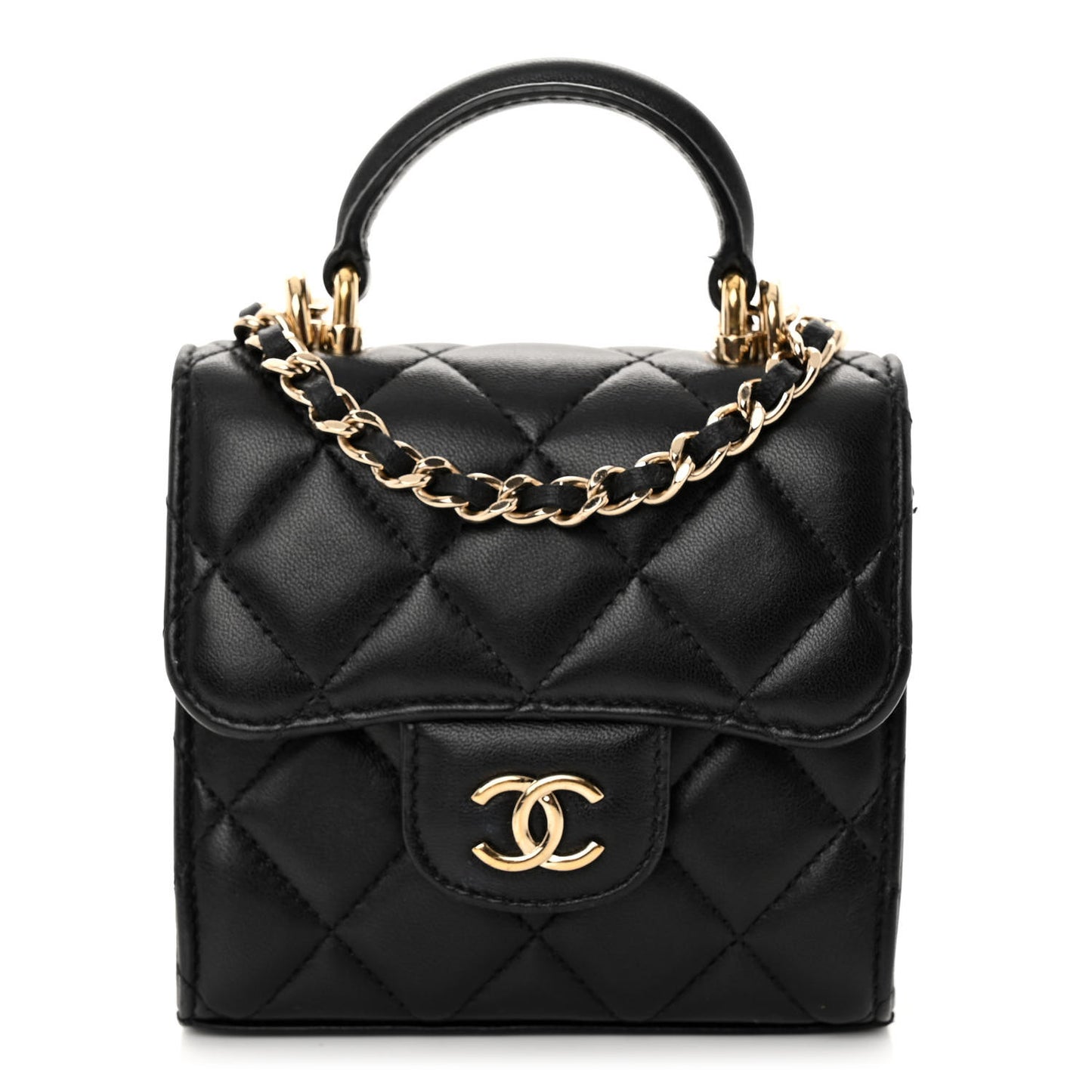 Lambskin Quilted Top Handle Flap Clutch With Chain Black