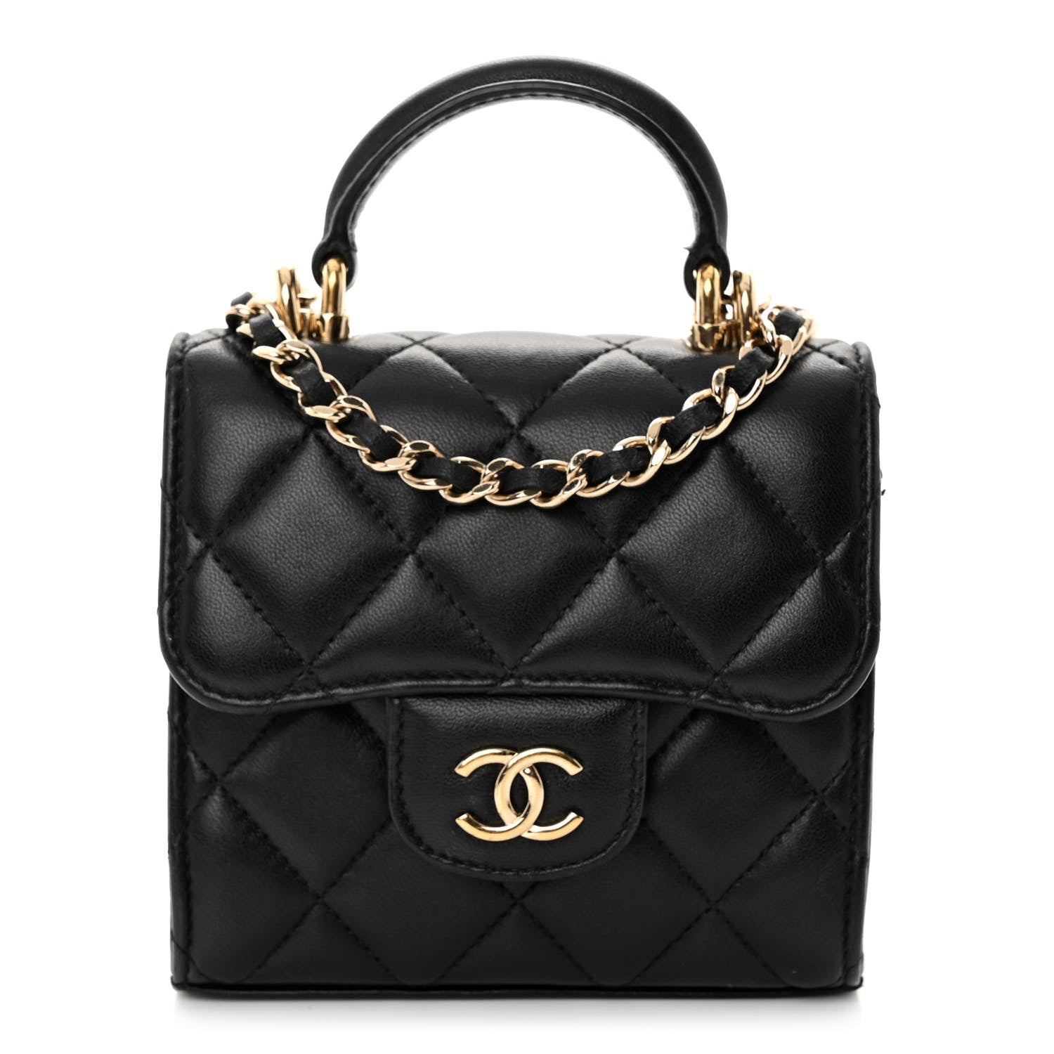 Chanel Lambskin Quilted Top Handle Flap Clutch With Chain Black 1 of 13