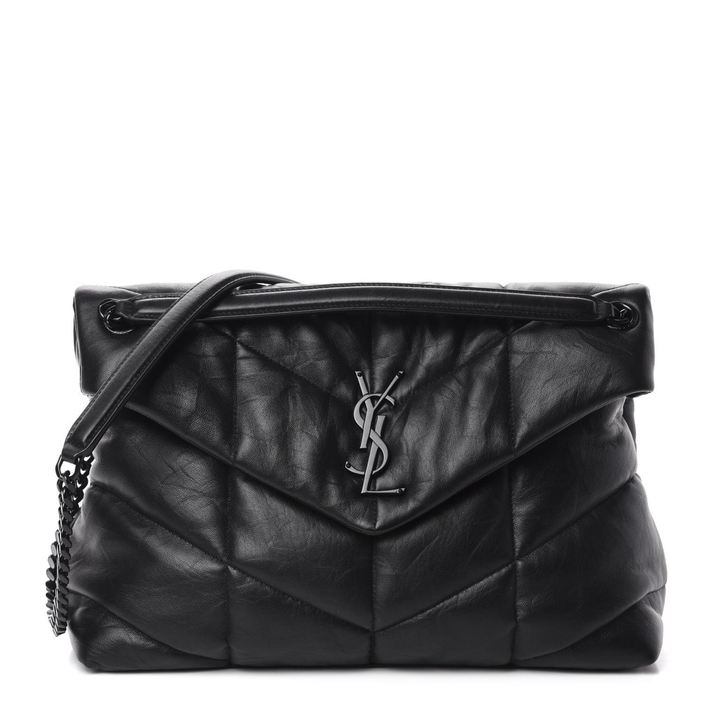 Lambskin Quilted Medium Loulou Puffer Monogram Chain Satchel Black