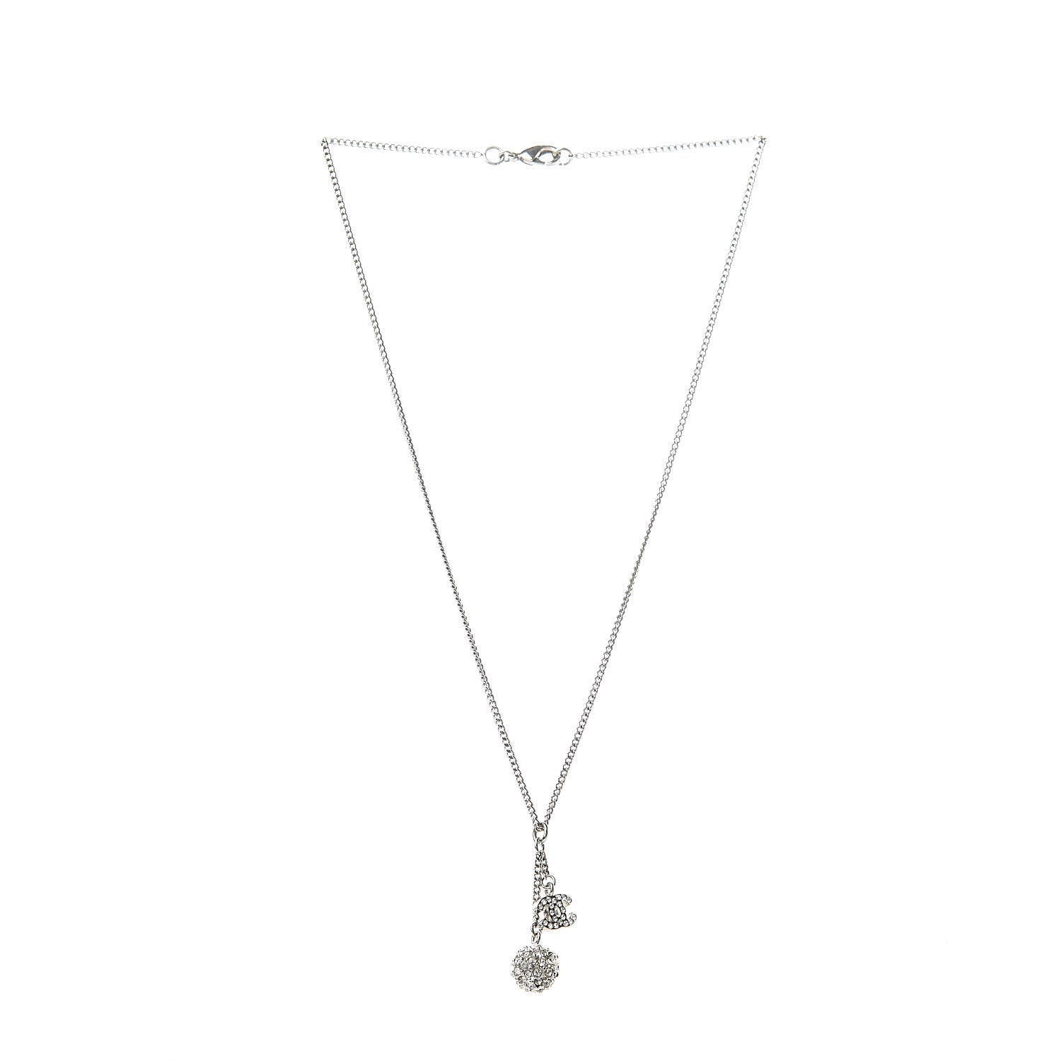 Chanel Crystal CC Ball Pendant Necklace Silver 3 of 5