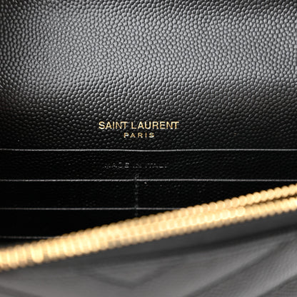 Saint Laurent Grain De Poudre Matelasse Chevron Monogram Envelope Chain Wallet Black 6 of 11