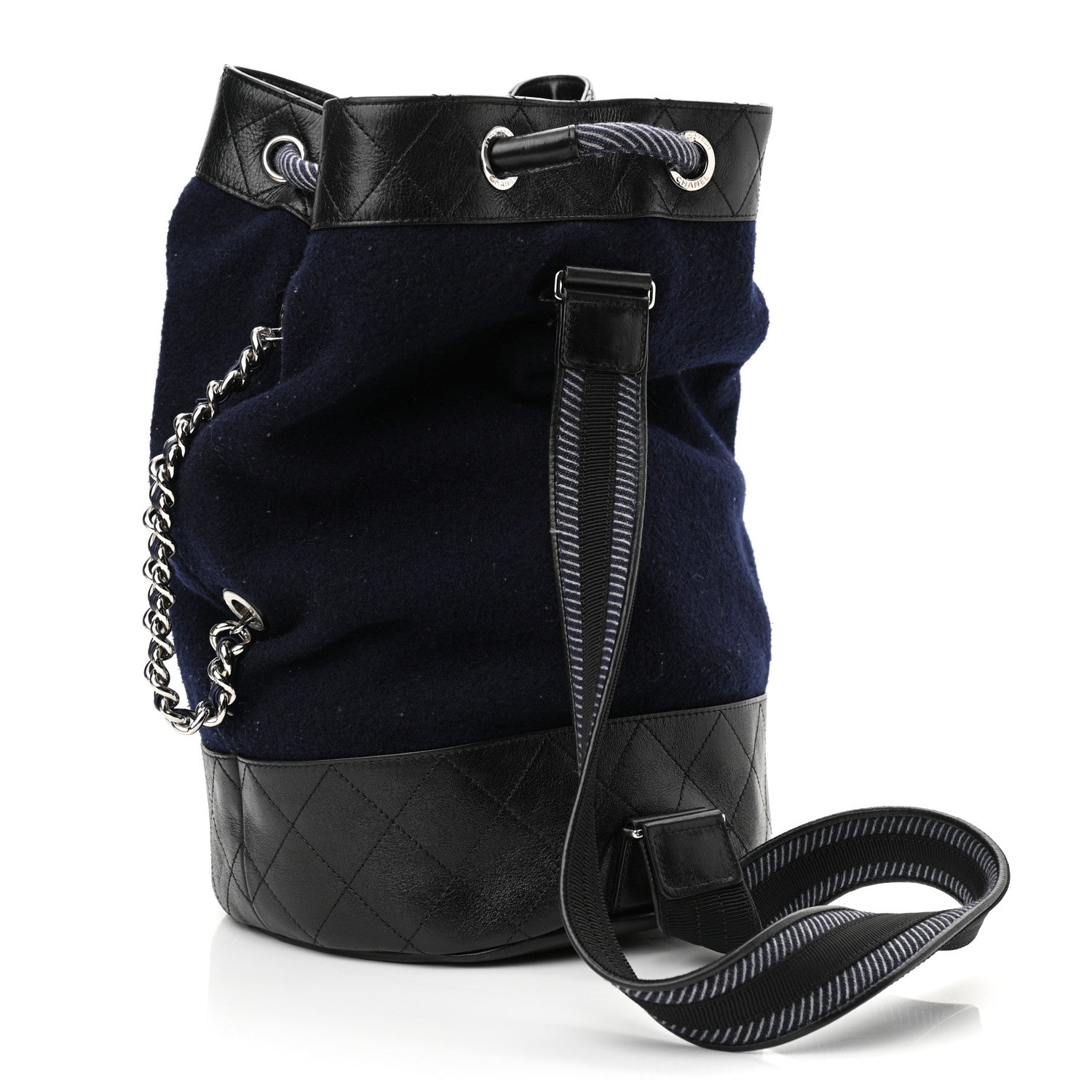 Chanel Wool Calfskin Embroidered Drawstring Backpack Navy Blue 2 of 12