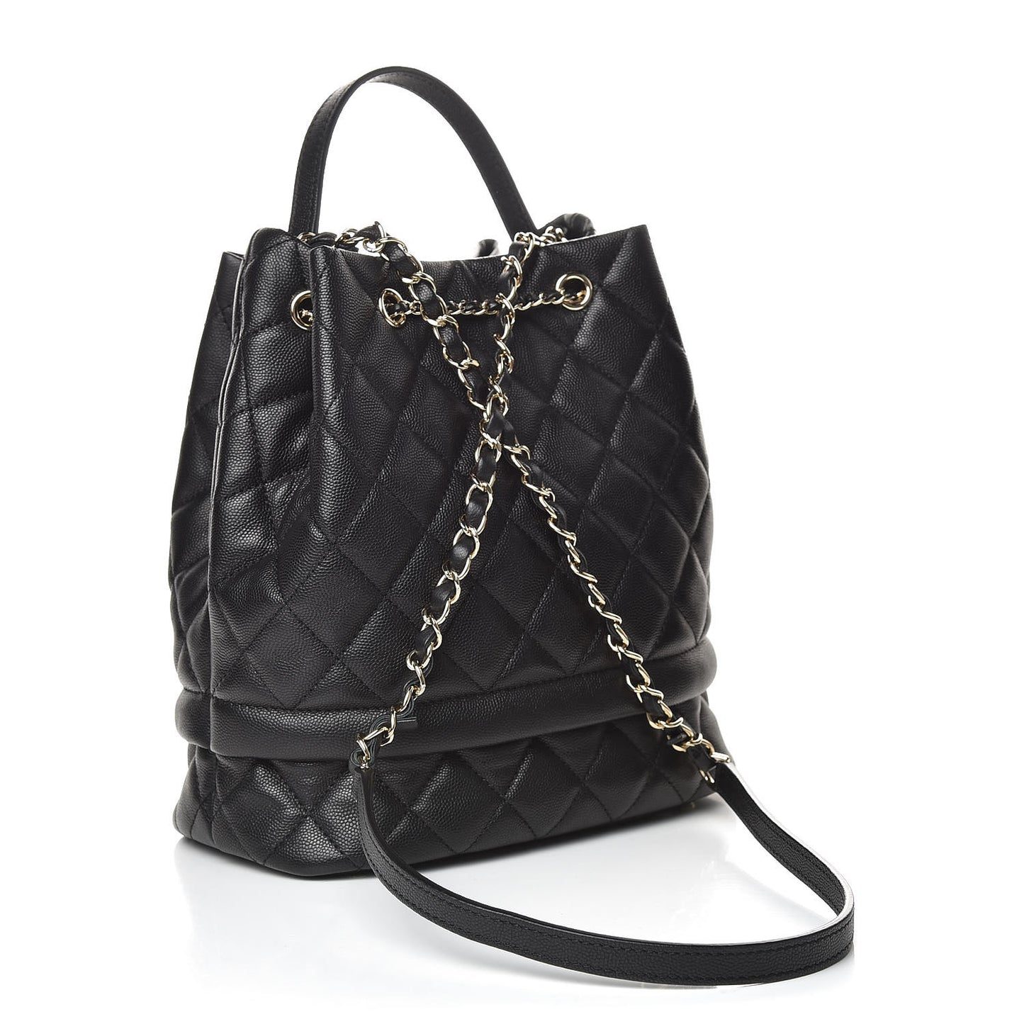 Caviar Quilted Large Rolled Up Bucket Drawstring Bag Black