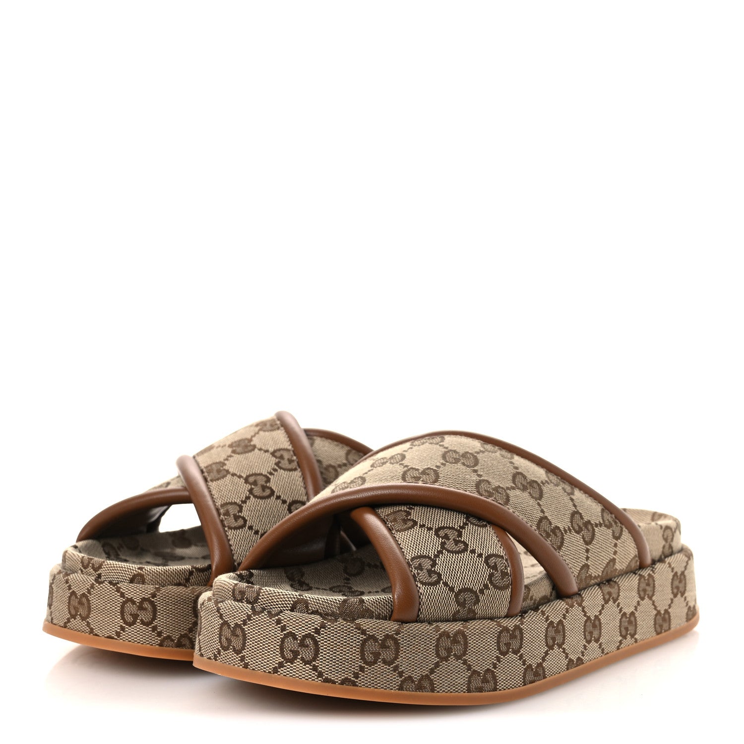 Gucci Monogram GG Calfskin Angelina Platform 55mm Slide Sandals 38.5 Camel Ebony 4 of 11