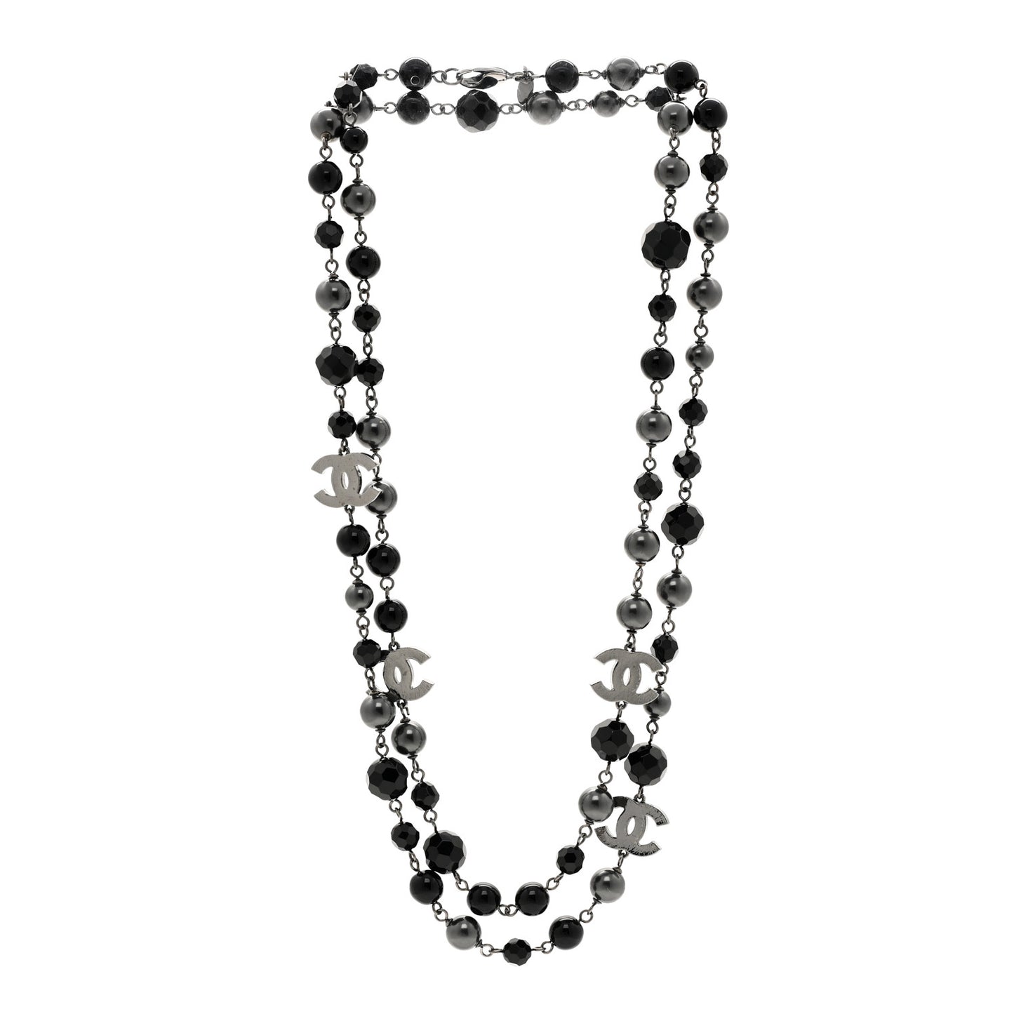 Ruthenium Pearl Beaded CC Long Necklace Black