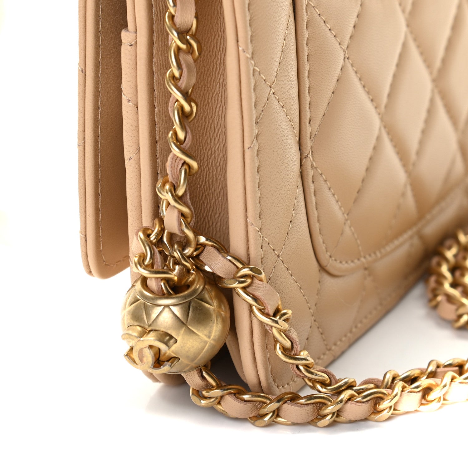 Chanel Lambskin Quilted CC Pearl Crush Wallet on Chain WOC Beige 11 of 12