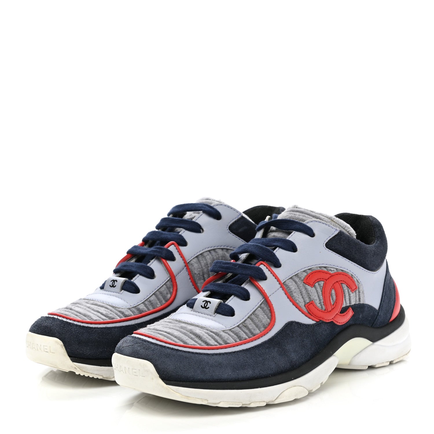 Chanel Suede Calfskin Womens CC Sneakers 38.5 Grey Red Blue 3 of 8