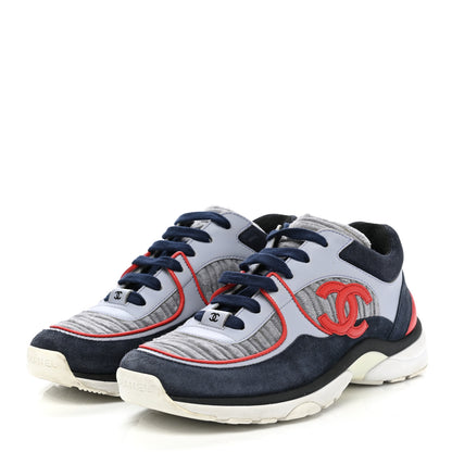 Chanel Suede Calfskin Womens CC Sneakers 38.5 Grey Red Blue 3 of 8