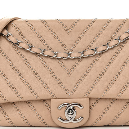 Chanel Calfskin Studded Chevron Quilted Medium Wars Flap Beige 10 of 14