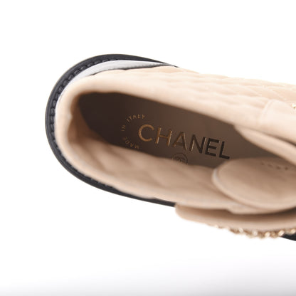 Chanel Lambskin Calfskin Quilted Lace Up Combat Boots 36.5 Beige Black 7 of 9