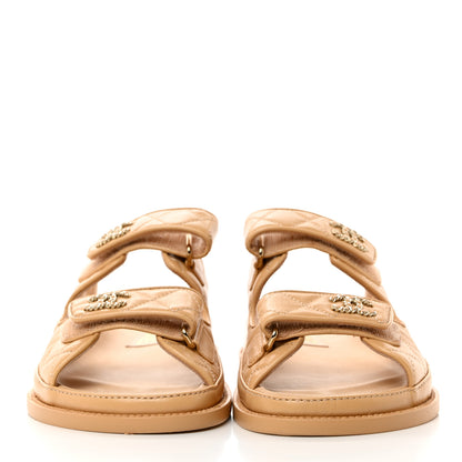 Chanel Lambskin Quilted Velcro Dad Chain CC Slide Sandals 36 Beige 2 of 9
