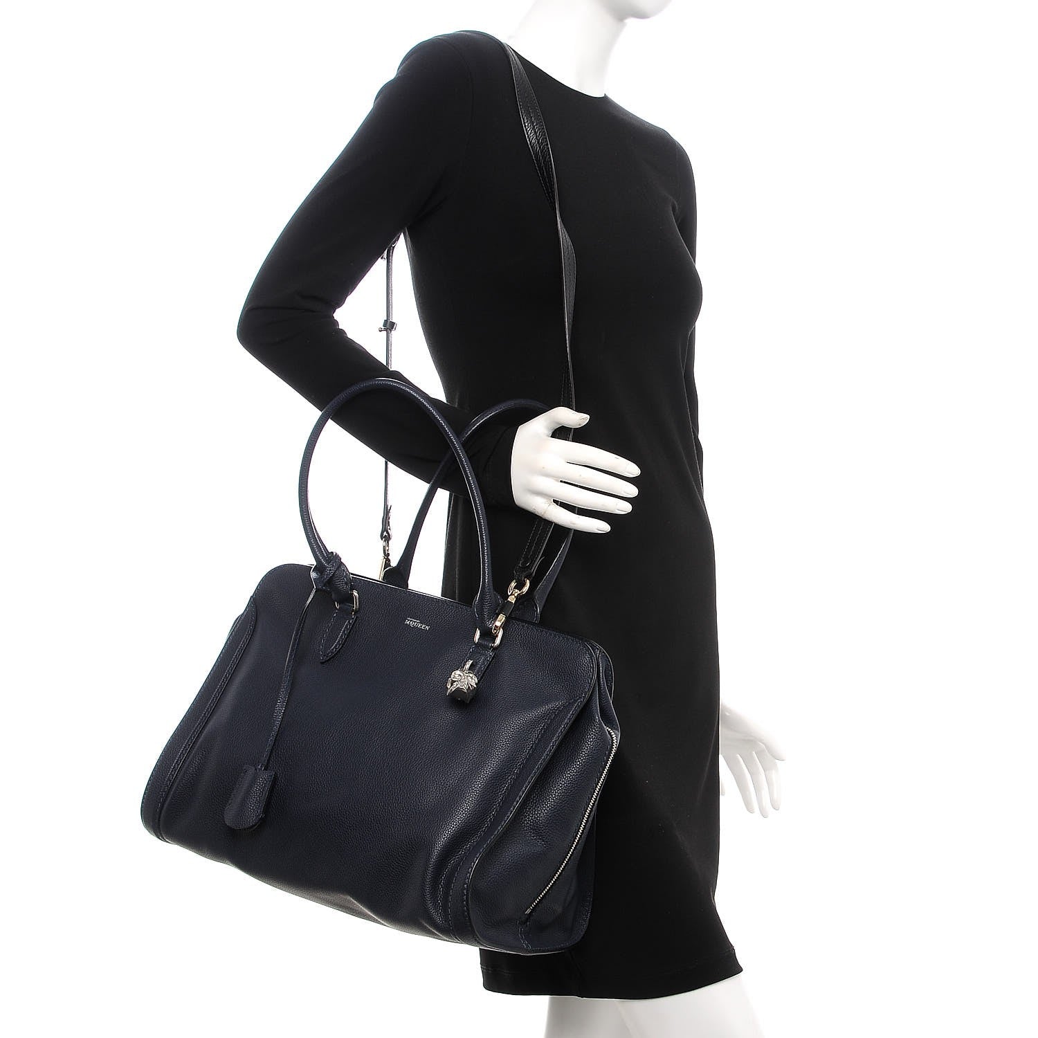 Alexander McQueen Pebbled Calfskin Large Skull Padlock Zip Around Tote Navy 3 of 8