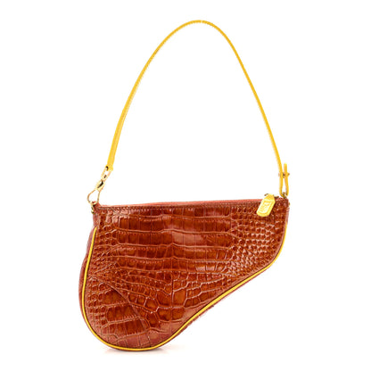 Christian Dior Patent Calfskin Crocodile Embossed Mini Saddle Pochette Orange 1 of 13