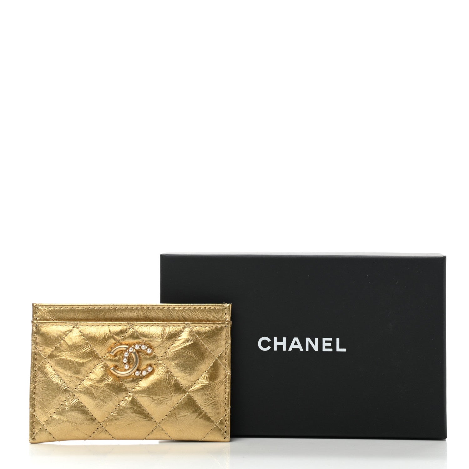 Chanel Aged Metallic Calfskin Pearl CC Quilted Card Holder Gold 9 of 9