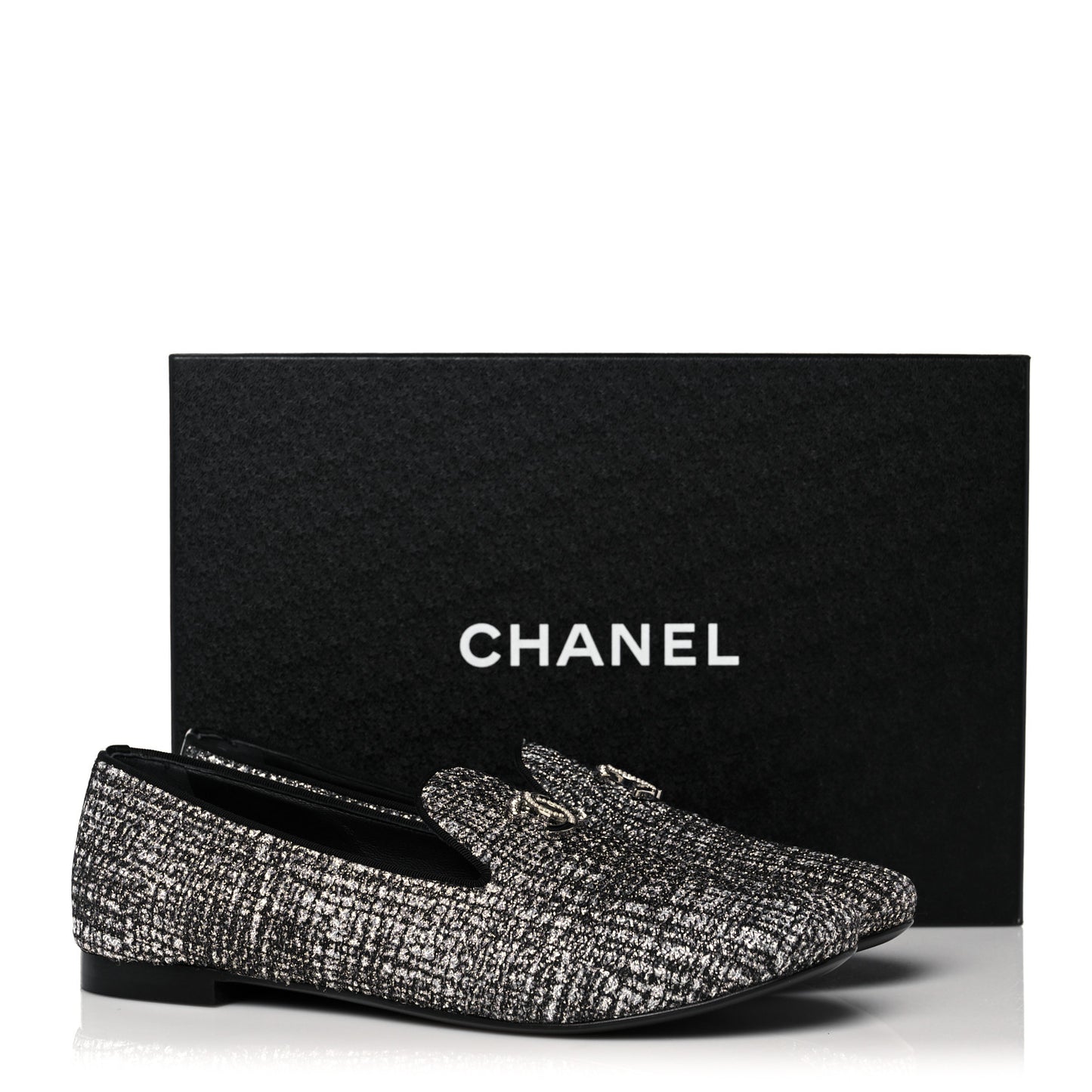 Fantasy Tweed CC Mocassin Loafers 38 Silver Black