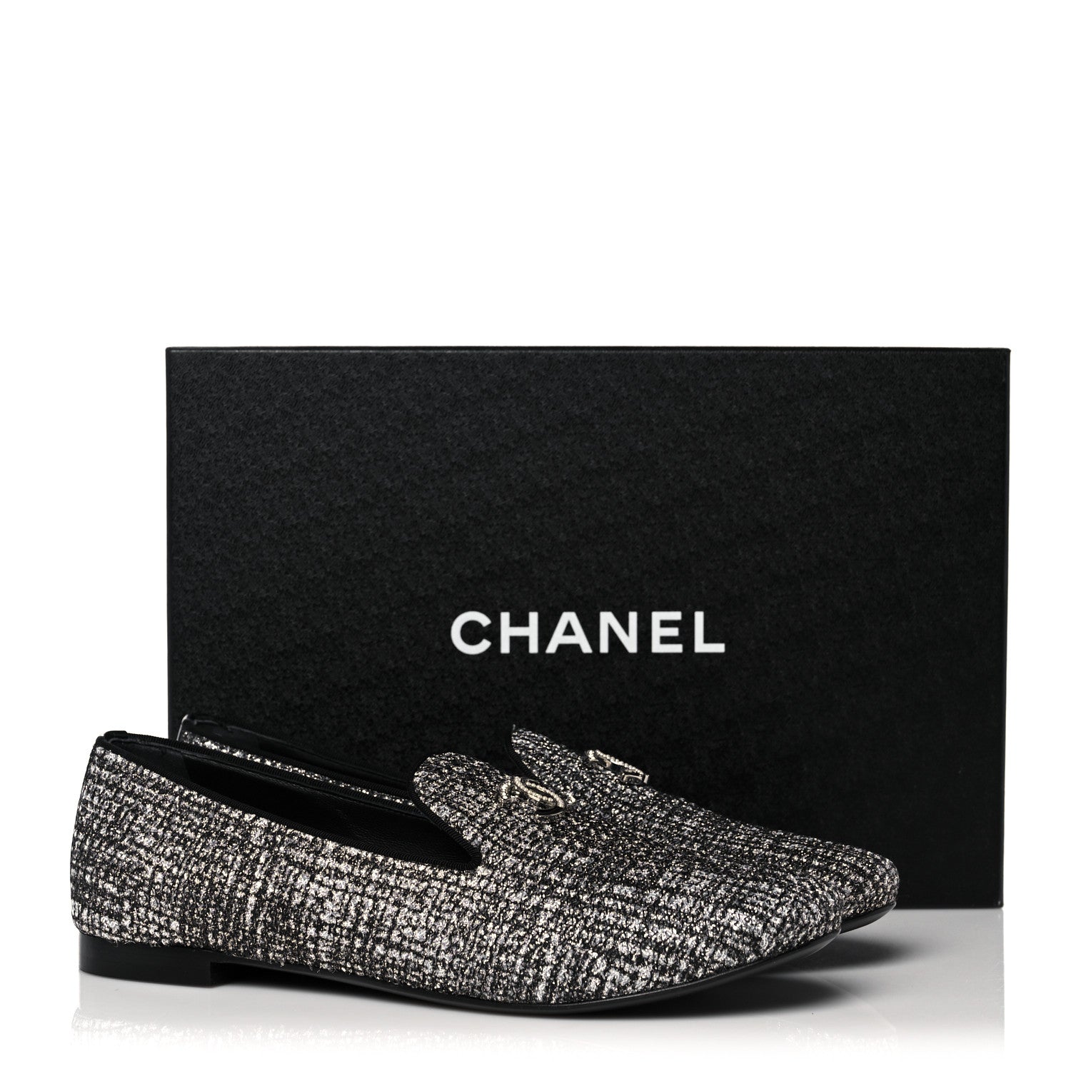 Chanel Fantasy Tweed CC Mocassin Loafers 38 Silver Black 10 of 10