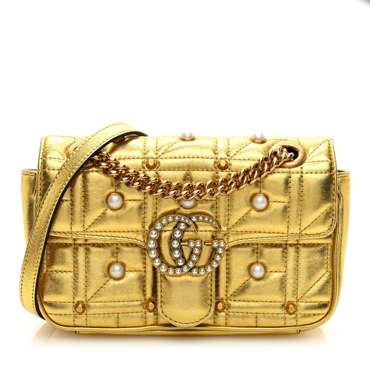 Metallic Calfskin Matelasse Studded Mini Pearly GG Marmont Shoulder Bag Gold