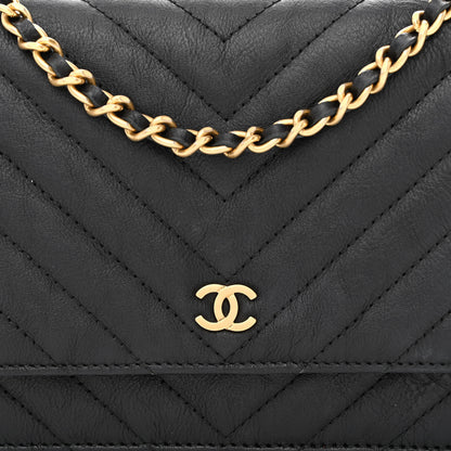 Chanel Crumpled Calfskin Chevron Quilted Wallet On Chain WOC Black 9 of 12